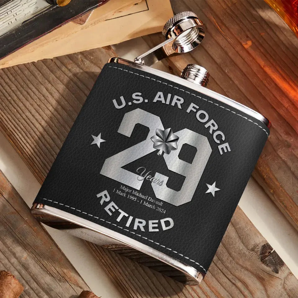 Personalized Retired Veteran Leather Flask - Father's Day Gift Idea for Veteran