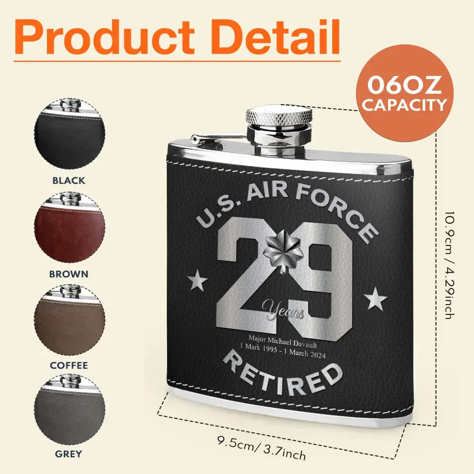 Personalized Retired Veteran Leather Flask - Father's Day Gift Idea for Veteran