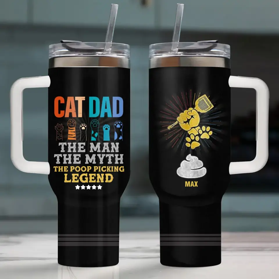 Personalized Cat Dad 40oz Tumbler - Father's Day Gift To Cat Lover - Up to 7 Cats - Cat Dad The Man The Myth The Poop Picking Legend