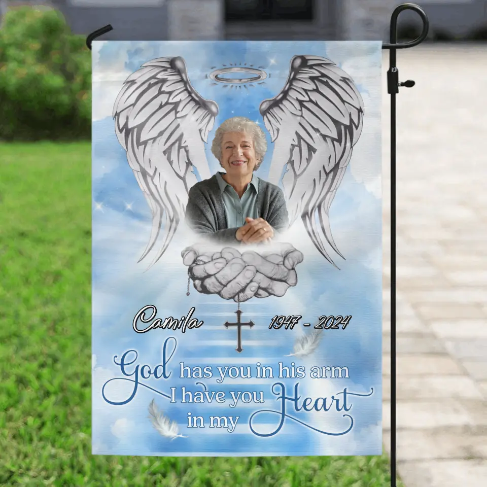 Personalized Memorial Garden Flag Sign - Memorial Gift Idea - Upload Photo - God Has You In His Arms I Have You In My Heart