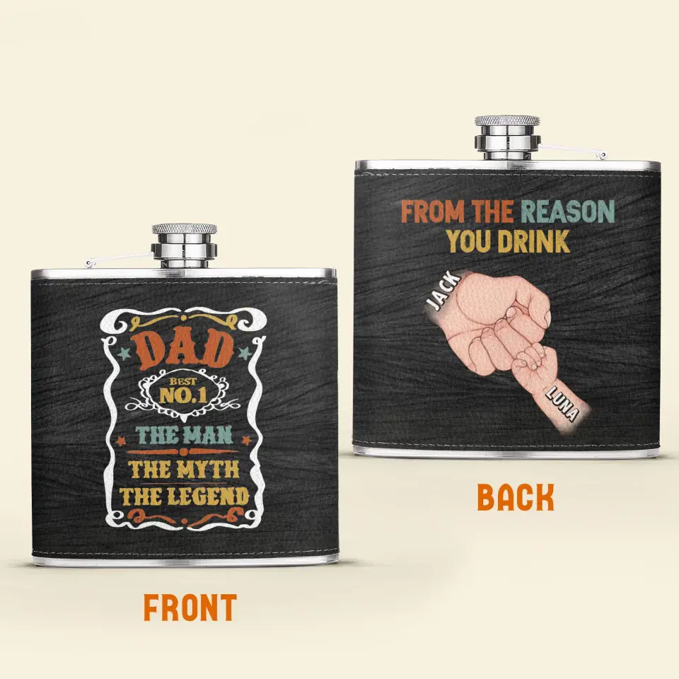 Personalized Dad Leather Flask - Up to 5 Kids - Father's Day Gift Idea for Dad - The Man The Myth The Legend