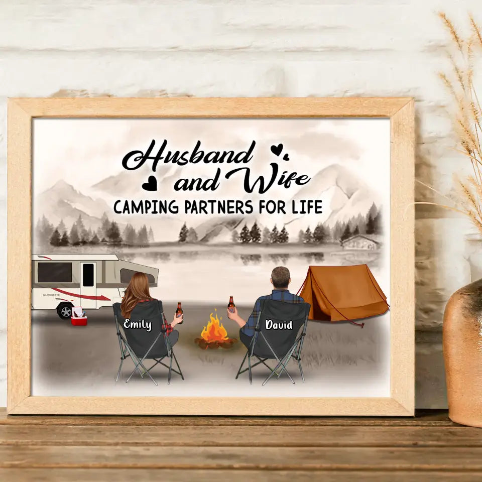 Personalized Retro Vintage Camping Poster - Gift Idea For Family/Camping Lover - Couple/Parents/Single Parent With Up to 3 Kids And 4 Pets - Happy Campers