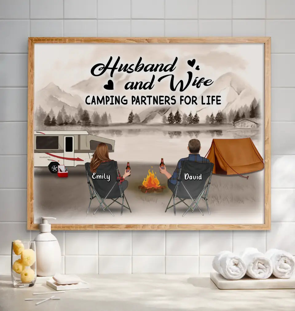 Personalized Retro Vintage Camping Poster - Gift Idea For Family/Camping Lover - Couple/Parents/Single Parent With Up to 3 Kids And 4 Pets - Happy Campers