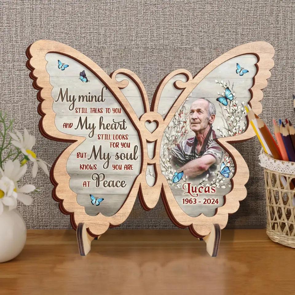 Personalized Memorial Butterfly 2 Layered Wooden Art - Upload Photo - Gift Idea For Family Member/Father's Day/Mother's Day - My Mind Still Talks To You