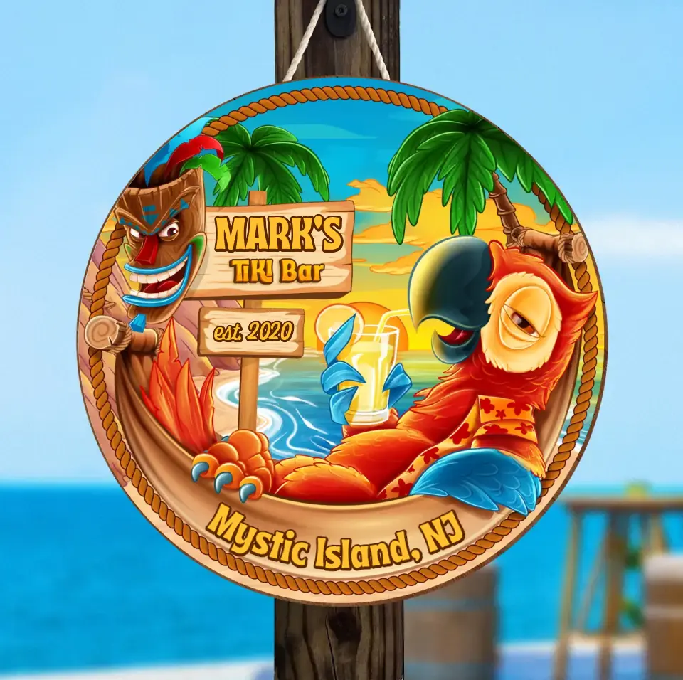 Personalized Tiki Bar Round Wooden Sign - Summer Gift Idea For Family/Friend
