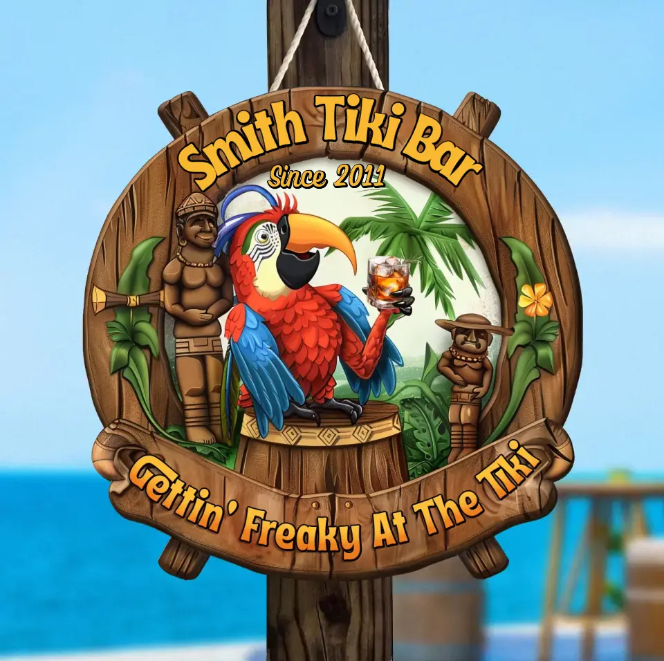 Personalized Tiki Bar Wooden Sign - Gift Idea For Summer/Family - Custom Family Name - Gettin' Freaky At The Tiki