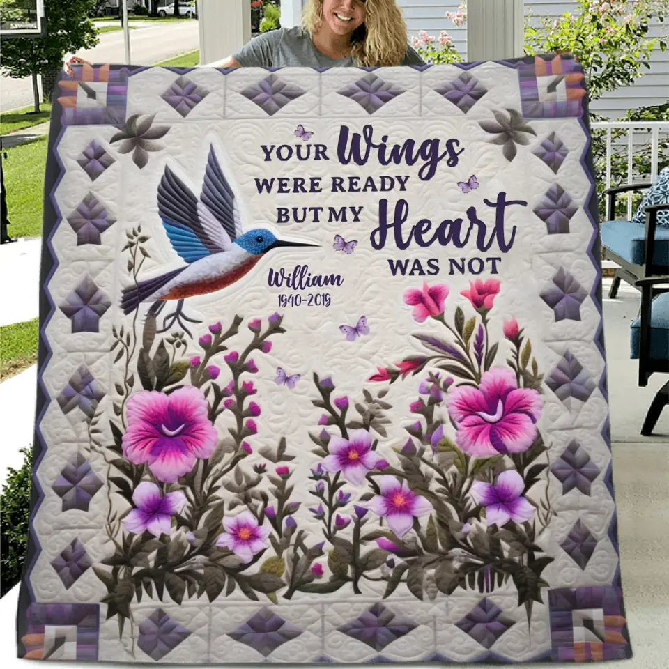 Personalized Hummingbird Memorial Fleece Throw Blanket/Quilt - Memorial Gift Idea For Family Member/Dad/Mom - Your Wings Were Ready But My Heart Was Not