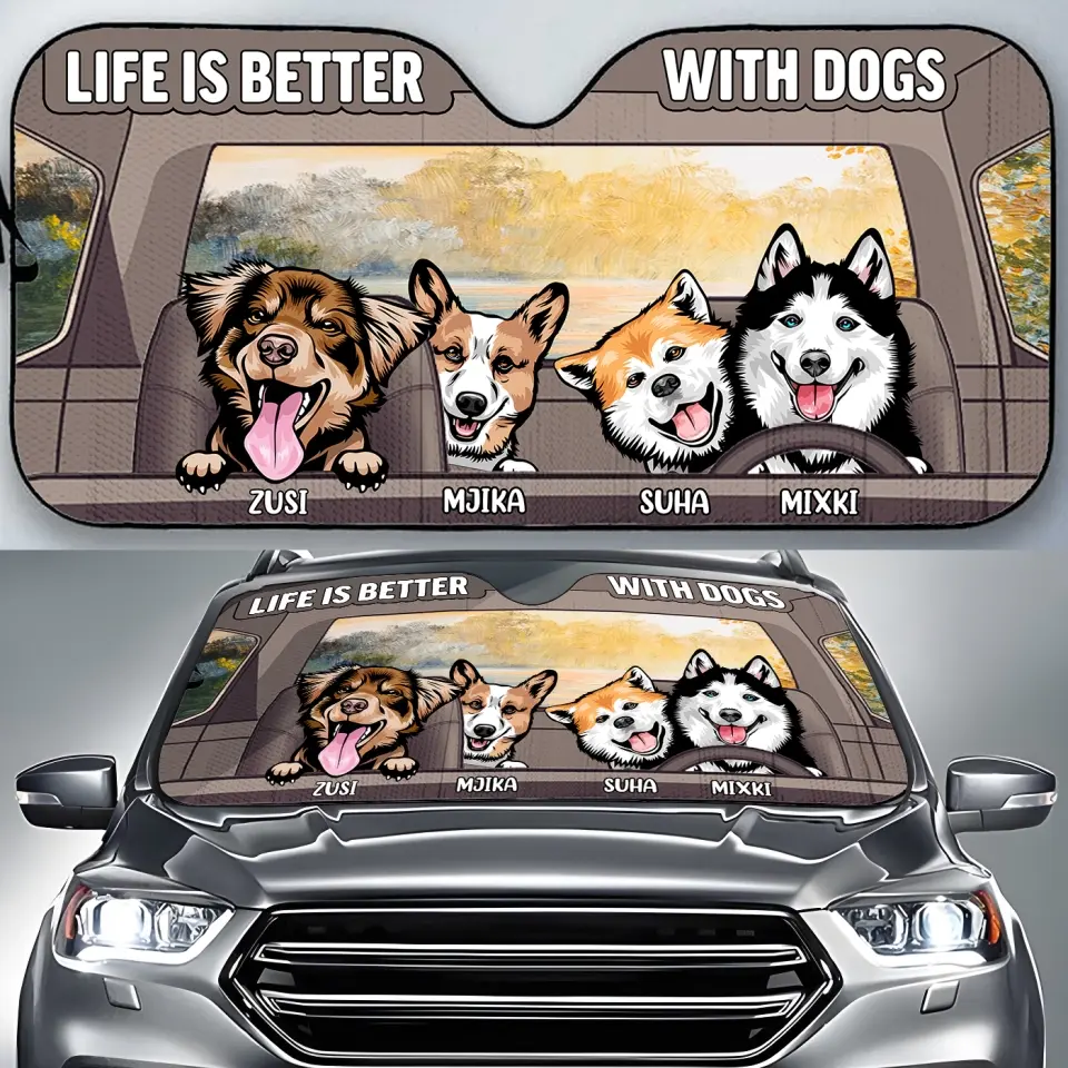 Personalized Dog Car Sunshade - Up to 4 Dogs - Gift Idea For Dog Lover - Life Is Better With Dogs