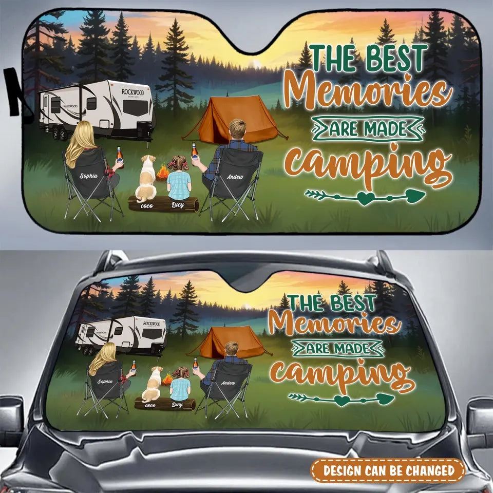 Personalized Camping Windshield Sunshade - Couple/Parents With Kids And Pets - Gift Idea For Camping Lovers - Making Memories One Campsite At A Time
