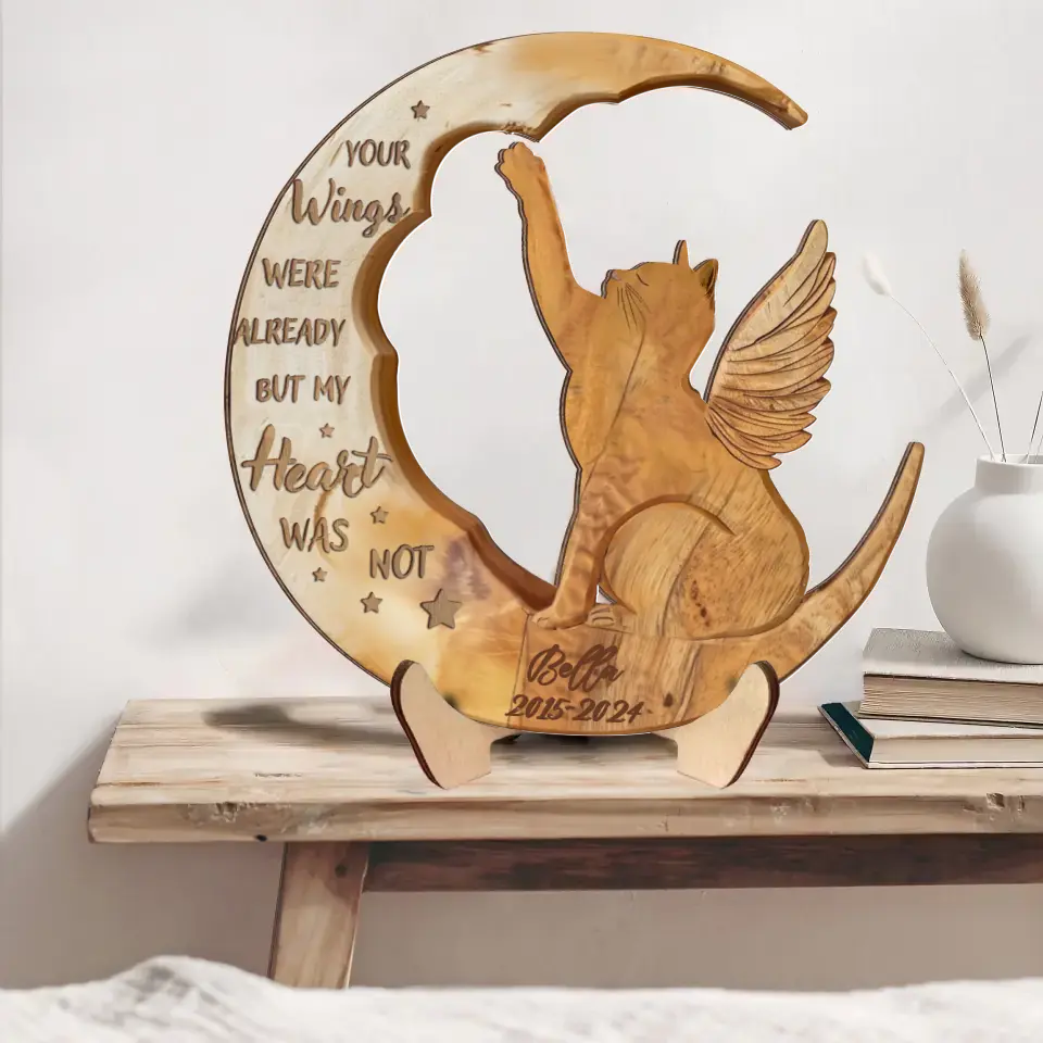Personalized Cat Moon Wooden Art - Memorial Gift Idea - Angels Don't Always Have Wings Sometimes They Have Whiskers