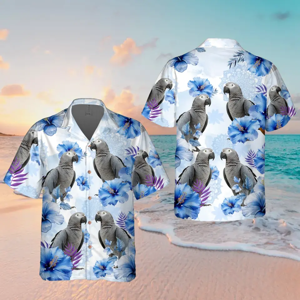 Personalized Blue Flower Parrot Hawaiian Shirt - Upload Parrot Photo - Summer Gift Idea