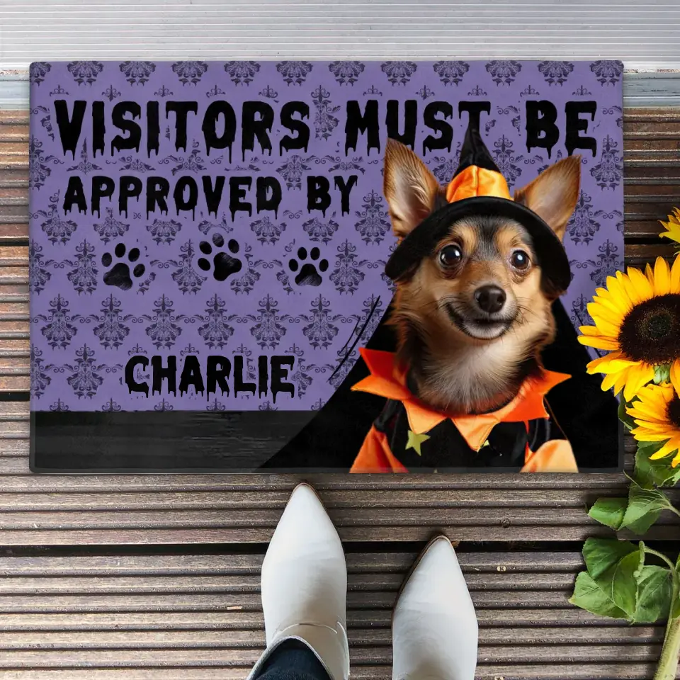 Personalized Upload Photo Doormat - Halloween Gift Idea For Dog/Cat Owner - Visitors Must Be Approved By Charlie