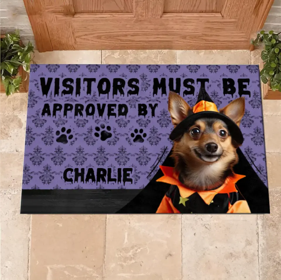 Personalized Upload Photo Doormat - Halloween Gift Idea For Dog/Cat Owner - Visitors Must Be Approved By Charlie