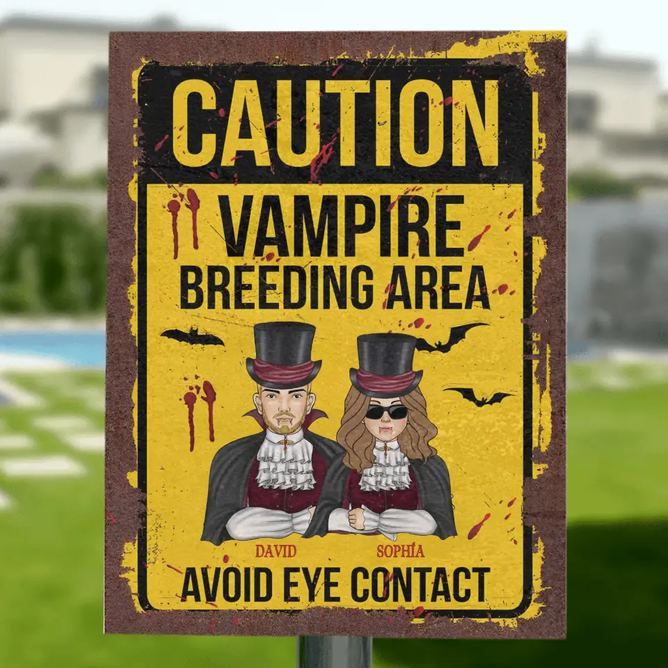 Personalized Vampire Metal sign - Funny Gift Idea For Couple/Family - Up to 2 Kids - Caution Vampire Breeding Area Avoid Eye Contact