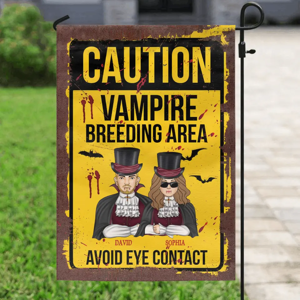Personalized Vampire Flag sign - Funny Gift Idea For Couple/Family - Up to 2 Kids - Caution Vampire Breeding Area Avoid Eye Contact