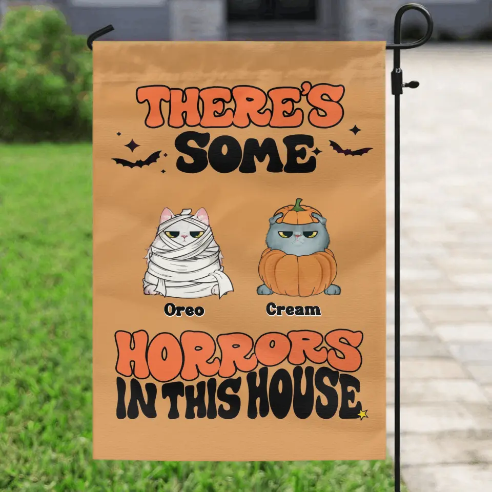 Personalized Halloween Pets Flag Sign - Gift Idea For Family/Pet Lover - Up to 7 Dogs/Cats - There's Some Horrors In This House