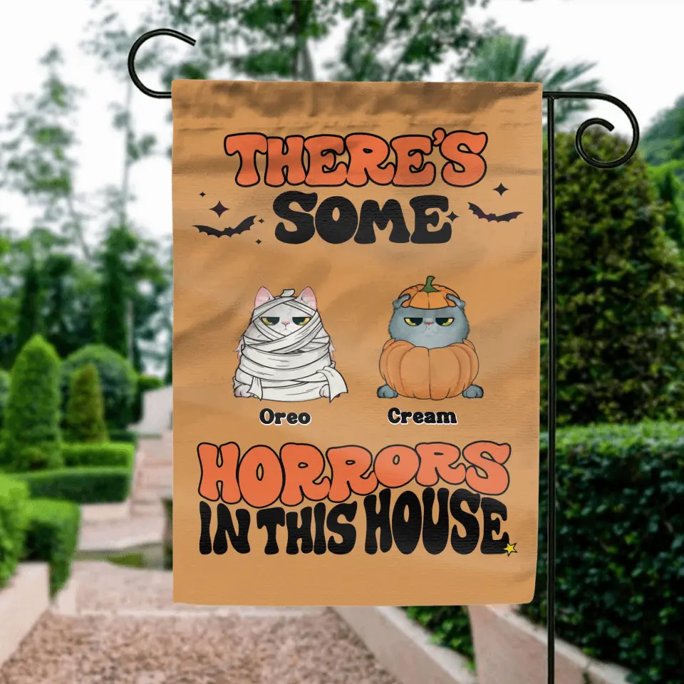 Personalized Halloween Pets Flag Sign - Gift Idea For Family/Pet Lover - Up to 7 Dogs/Cats - There's Some Horrors In This House