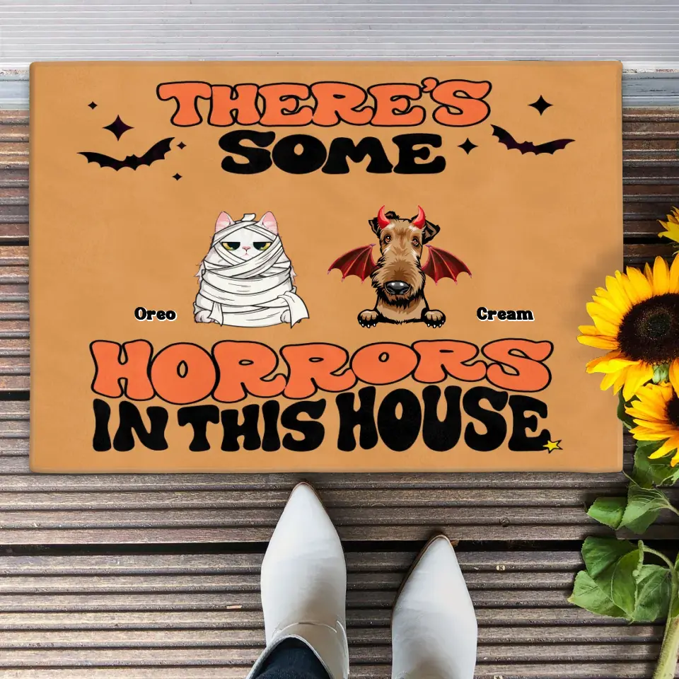 Personalized Halloween Pets Doormat - Gift Idea For Family/Pet Lover - Up to 7 Dogs/Cats - There's Some Horrors In This House