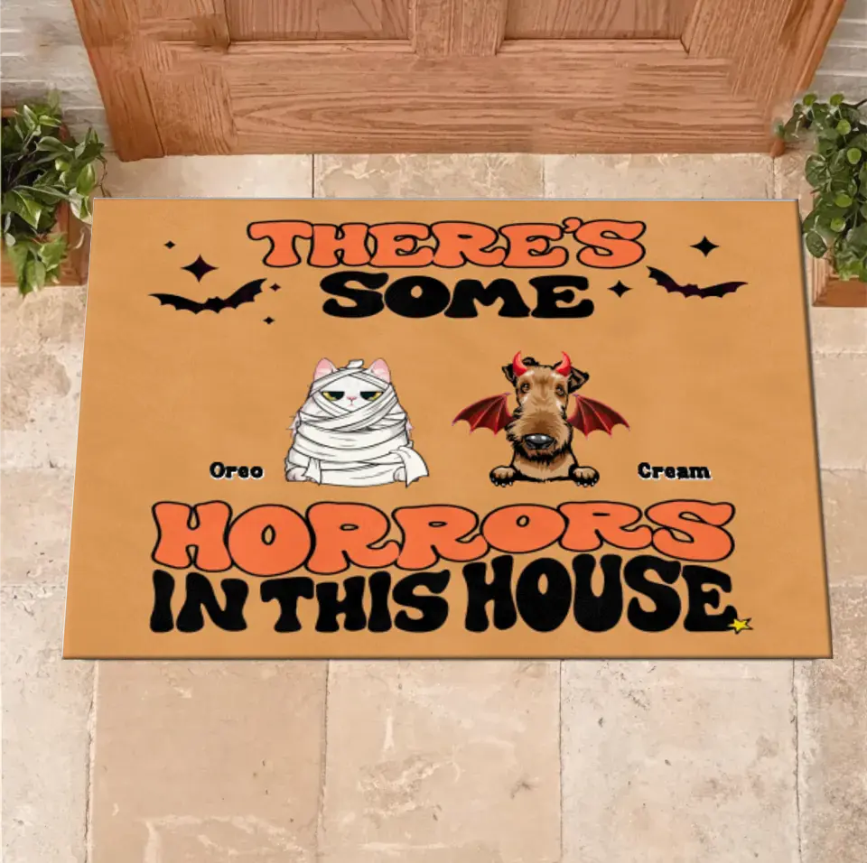 Personalized Halloween Pets Doormat - Gift Idea For Family/Pet Lover - Up to 7 Dogs/Cats - There's Some Horrors In This House