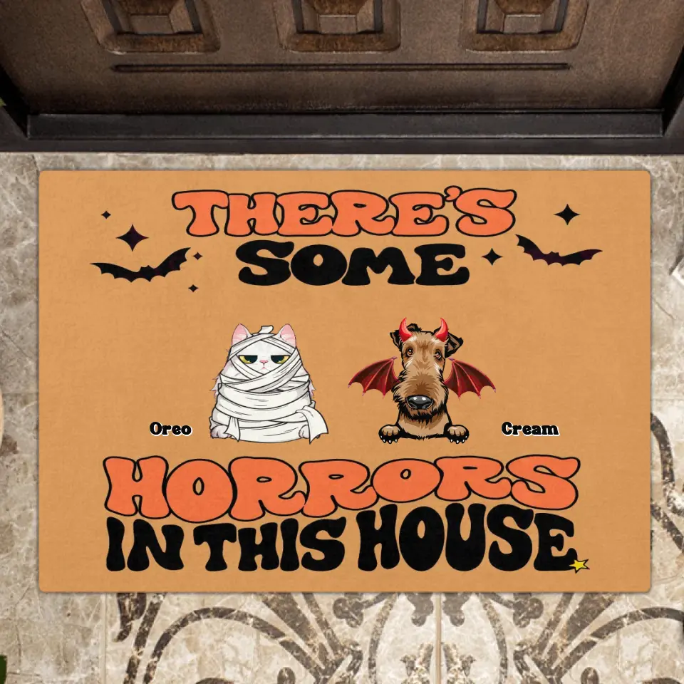 Personalized Halloween Pets Doormat - Gift Idea For Family/Pet Lover - Up to 7 Dogs/Cats - There's Some Horrors In This House