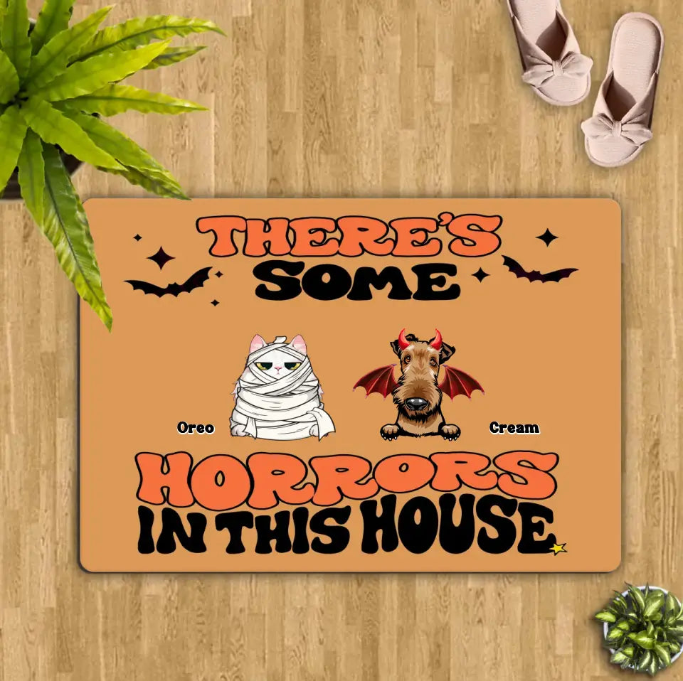 Personalized Halloween Pets Doormat - Gift Idea For Family/Pet Lover - Up to 7 Dogs/Cats - There's Some Horrors In This House