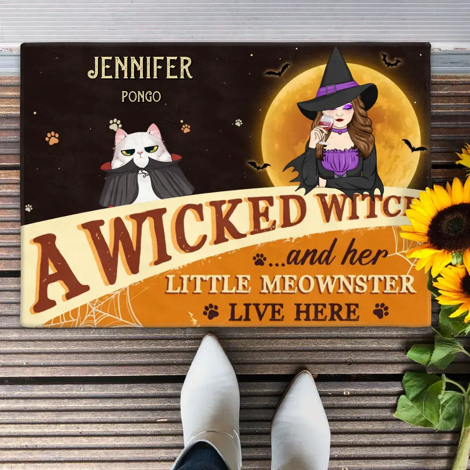 Personalized Halloween Witch Cat Doormat - Gift Idea For Family/Pet Lover - Up to 7 Cats - A Wicked Witch And Her Little Meownsters Live Here