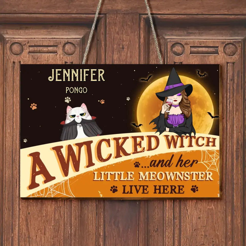 Personalized Halloween Witch Cat Wooden Sign - Gift Idea For Family/Pet Lover - Up to 7 Cats - A Wicked Witch And Her Little Meownsters Live Here