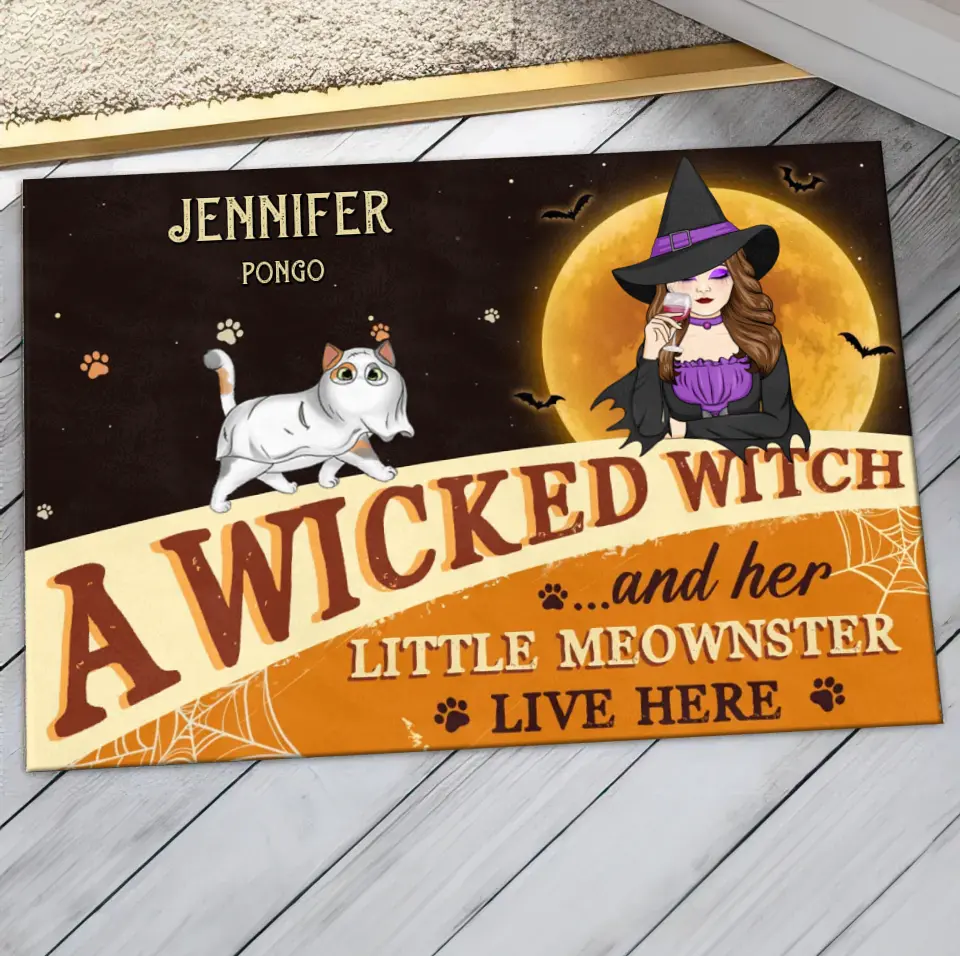 Personalized Halloween Witch Cats Doormat - Gift Idea For Family/Pet Lover - Up to 6 Cats - A Wicked Witch And Her Little Meownsters Live Here