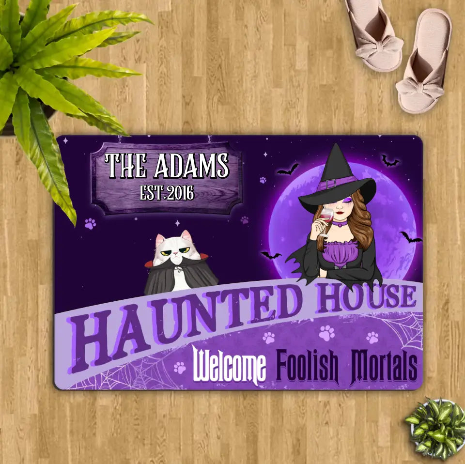 Personalized Witch Cat Doormat - Halloween Gift Idea For Family/Pet Lover - Up to 7 Cats - Haunted House Welcome Foolish Mortals