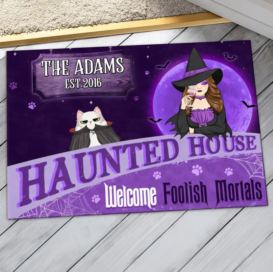 Personalized Witch Cat Doormat - Halloween Gift Idea For Family/Pet Lover - Up to 7 Cats - Haunted House Welcome Foolish Mortals