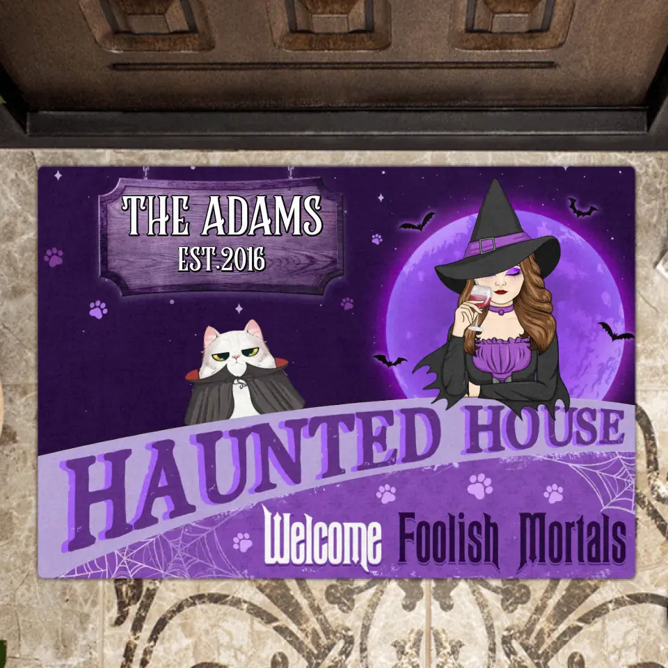 Personalized Witch Cat Doormat - Halloween Gift Idea For Family/Pet Lover - Up to 7 Cats - Haunted House Welcome Foolish Mortals