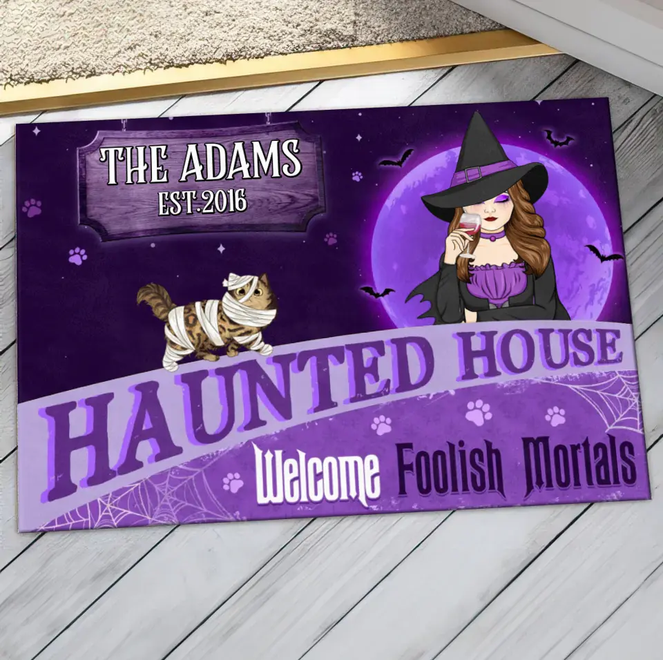 Personalized Witch Cat Doormat - Halloween Gift Idea For Family/Cat Lover - Up to 6 Cats - Haunted House Welcome Foolish Mortals