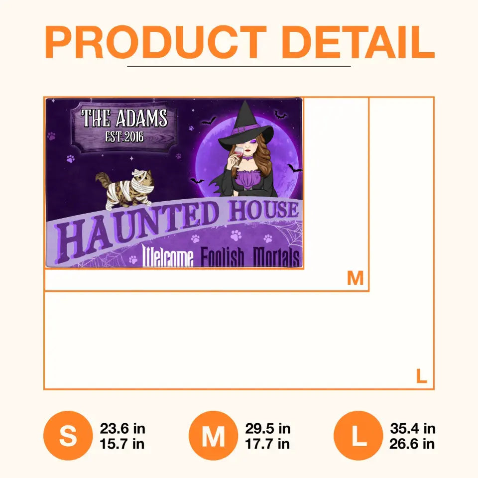 Personalized Witch Cat Doormat - Halloween Gift Idea For Family/Cat Lover - Up to 6 Cats - Haunted House Welcome Foolish Mortals