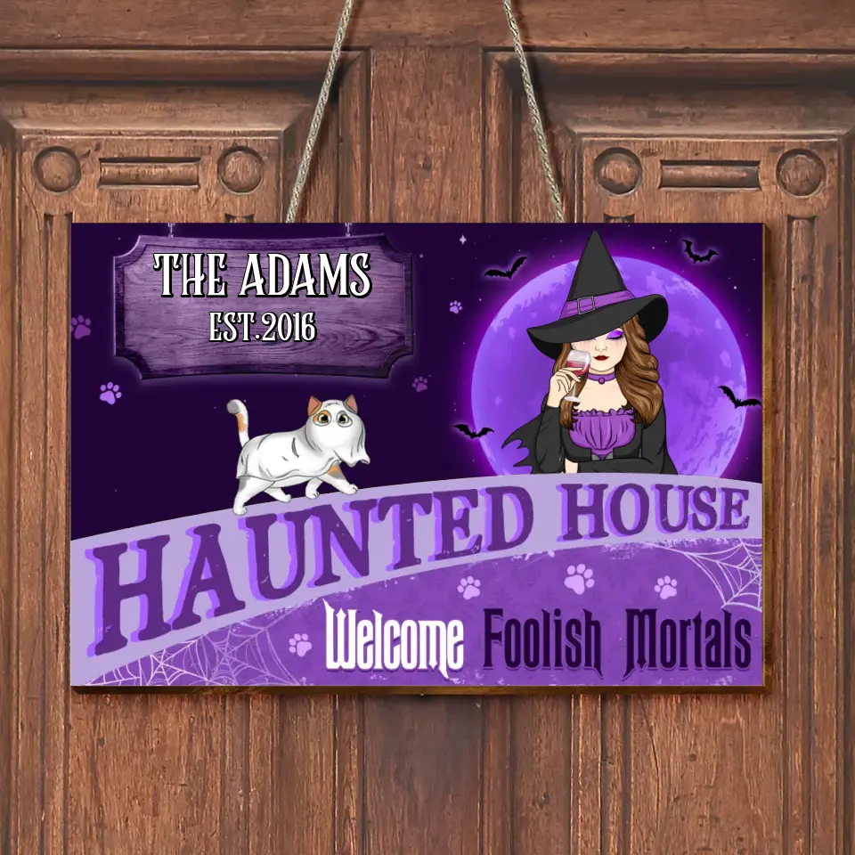 Personalized Witch Cat Wooden Sign - Halloween  Gift Idea For Family/Pet Lover - Up to 6 Cats - A Wicked Witch And Her Little Meownster Live Here