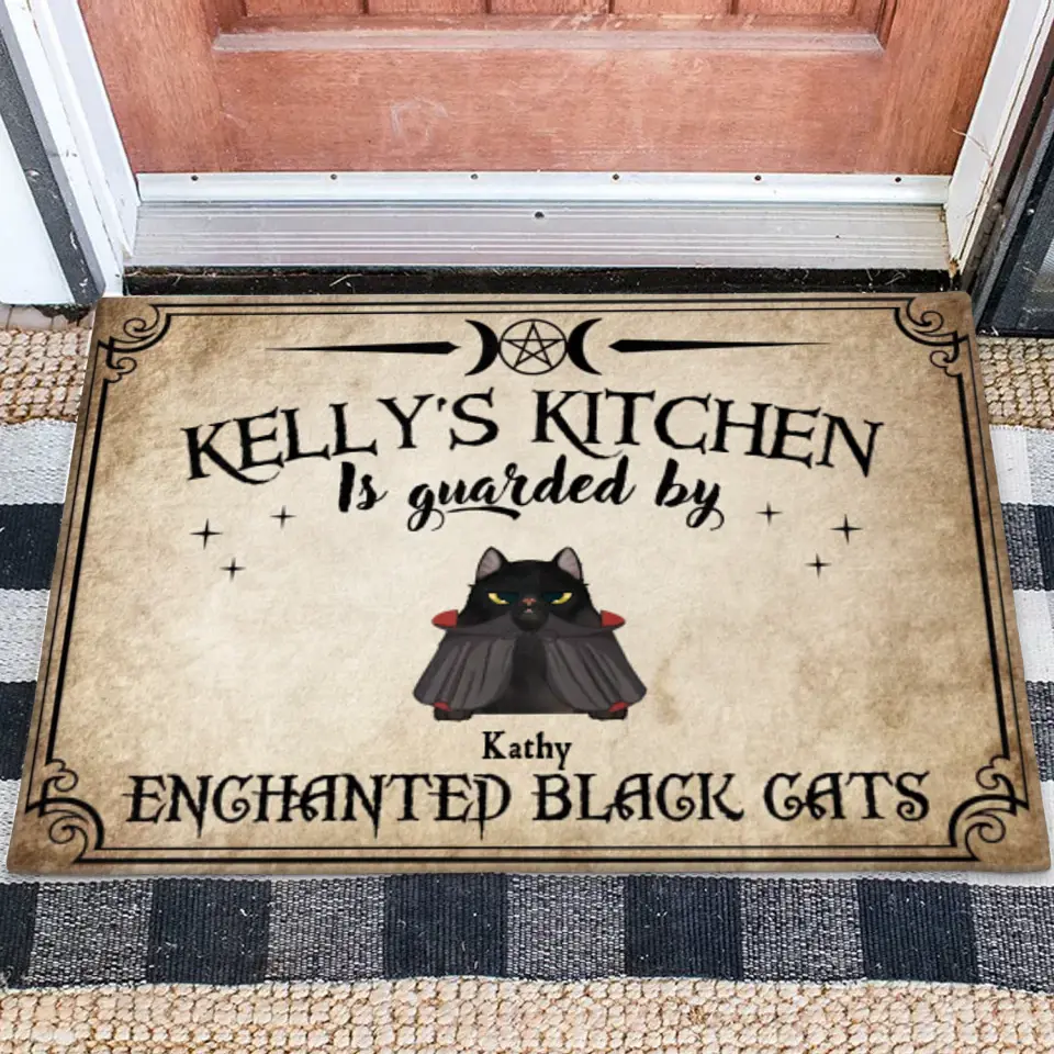 Personalized Cat Doormat - Halloween Gift Idea For Cat Lover - Up to 7 Cats - Witch's Kitchen Is Guarded By Enchanted Black Cats