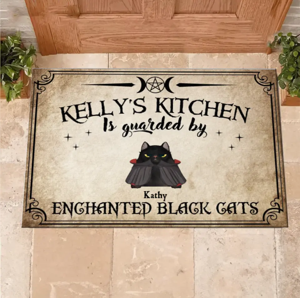 Personalized Cat Doormat - Halloween Gift Idea For Cat Lover - Up to 7 Cats - Witch's Kitchen Is Guarded By Enchanted Black Cats