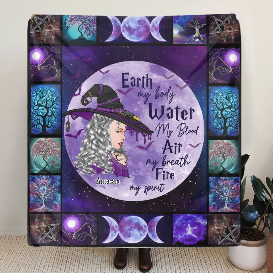Personalized Witch Quilt/Fleece Throw Blanket - Gift Idea For Witch Lover - Earth My Body Water My Blood Air My Breath Fire My Spirit