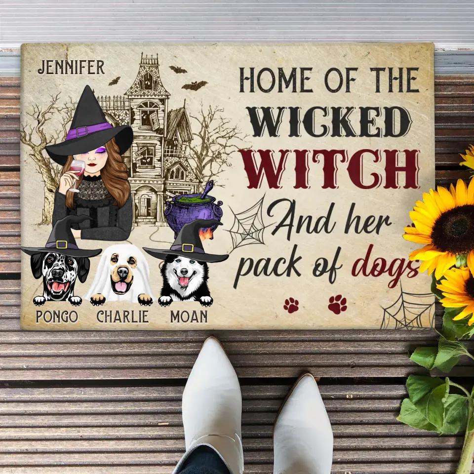 Custom Personalized Witch Dog Doormat - Gift Idea For Witch/ Halloween/ Dog Lovers with up to 3 Dogs - Home Of The Wicked Witch And Her Pack Of Dogs