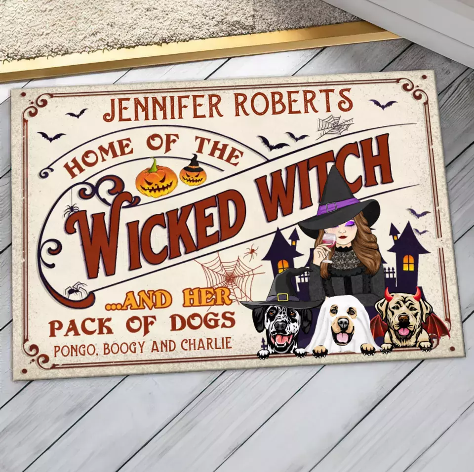Personalized Witch Dog Doormat - Halloween Gift Idea For Witch/Dog Lovers With Up To 3 Dogs - Home Of The Wicked Witch And Her Pack Of Dogs