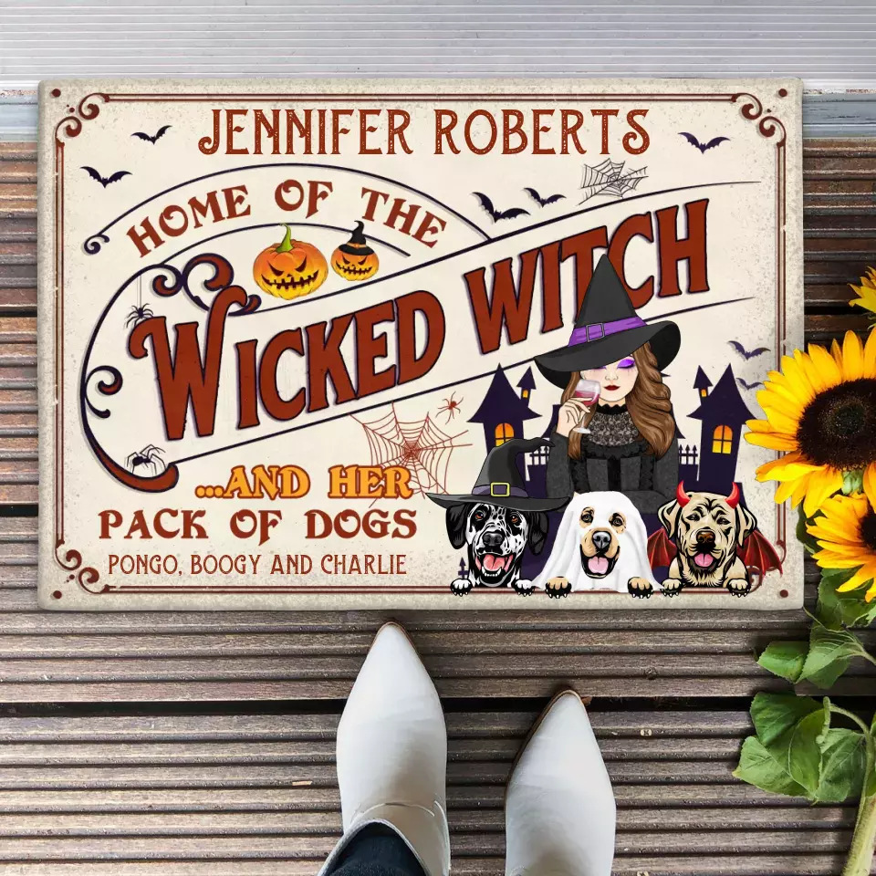 Personalized Witch Dog Doormat - Halloween Gift Idea For Witch/Dog Lovers With Up To 3 Dogs - Home Of The Wicked Witch And Her Pack Of Dogs