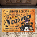 Personalized Wicked Witch Dog Doormat - Halloween Gift Idea For Witch/Dog Lovers With Up To 3 Dogs - Home Of The Wicked Witch And Her Pack Of Dogs