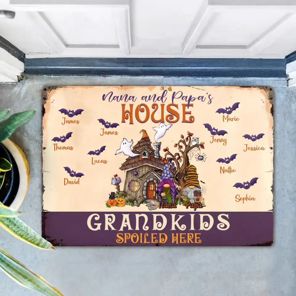 Custom Personalized Nana & Papa's House Doormat - Halloween Gift Idea For Grandparents With Up to 10 Kids - Grandkids Spoiled Here