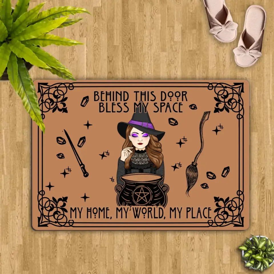 Personalized Witch Doormat - Halloween Gift Idea For Witch - Behind This Door Bless My Space My Home, My World, My Place