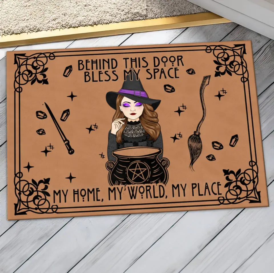 Personalized Witch Doormat - Halloween Gift Idea For Witch - Behind This Door Bless My Space My Home, My World, My Place