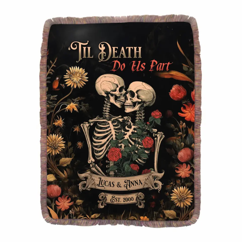 Personalized Skeleton Couple Ultra-Soft Mixed Green Fringe Blanket - Halloween/Anniversary Gift Idea For Couple - 'Til Death Do Us Part