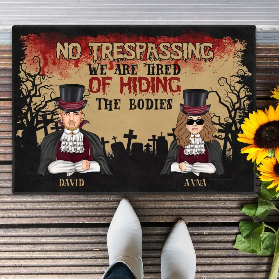Personalized Halloween Couple Doormat - Halloween Gift Idea For Couple/Family With Up to 2 Kids - No Trespassing We Are Tired of Hiding the Bodies