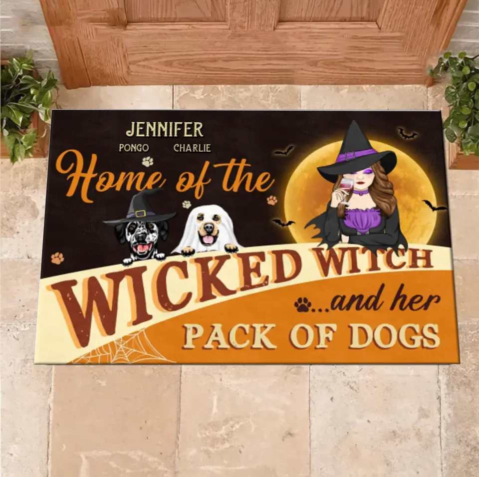 Personalized Halloween Witch Dog Doormat - Gift Idea For Family/Pet Lover - Up to 7 Dogs - Home Of The Wicked Witch And Her Pack Of Dogs