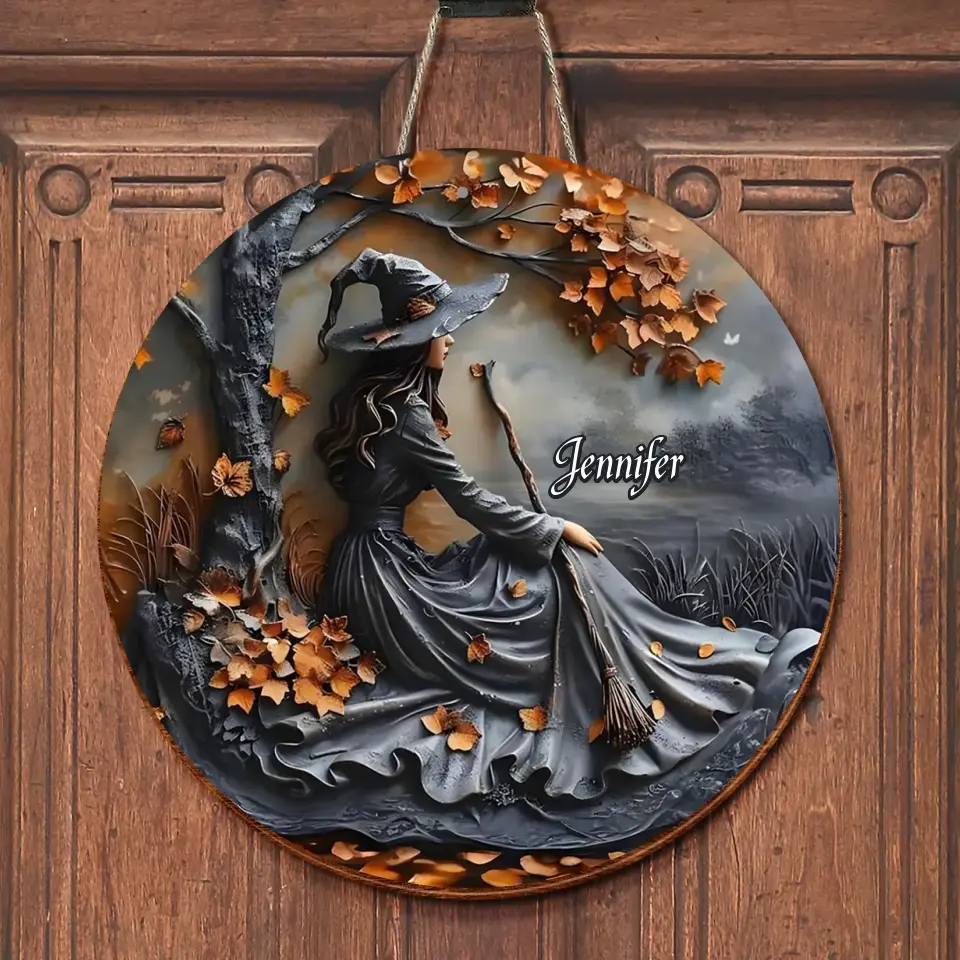Personalized Witch Broom Circle Wooden Sign - Halloween/Birthday Gift Idea For Yourself, Women, Witch Lovers
