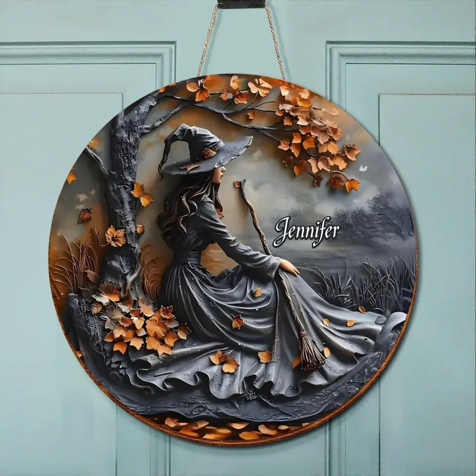 Personalized Witch Broom Circle Wooden Sign - Halloween/Birthday Gift Idea For Yourself, Women, Witch Lovers