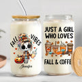 Personalized Fall Vibes Transparent Glass Tumbler With Straw - Gift Idea For Yourself, Women, Fall Lovers - Just A Girl Who Loves Fall & Coffee